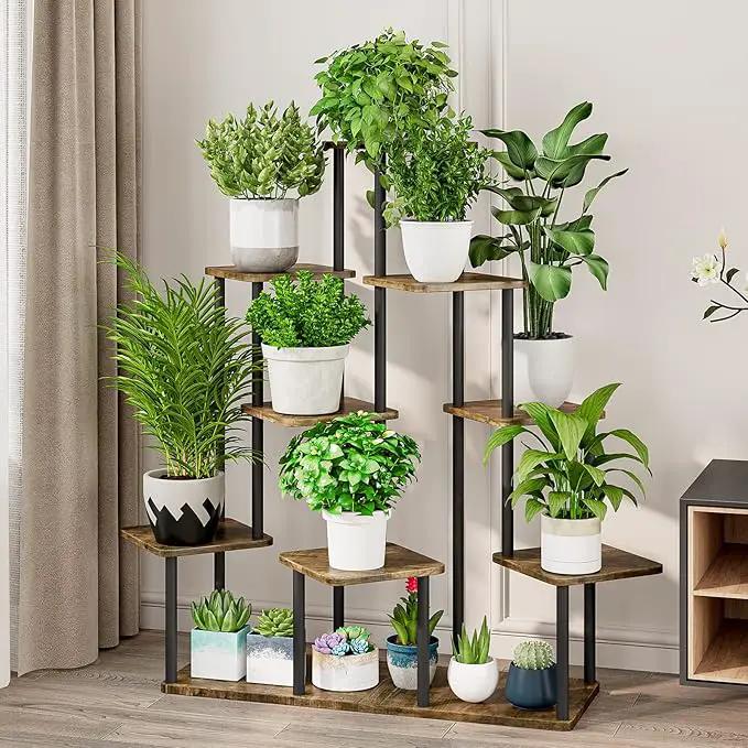 AZERPIAN Plant Stand 9 Tier Indoor Metal Flower Shelf for Multiple Plants Corner Tall Flower Holders for Patio Garden Living Room Balcony Bedroom, Black+Rustic Brown by GreenHaven Gardens