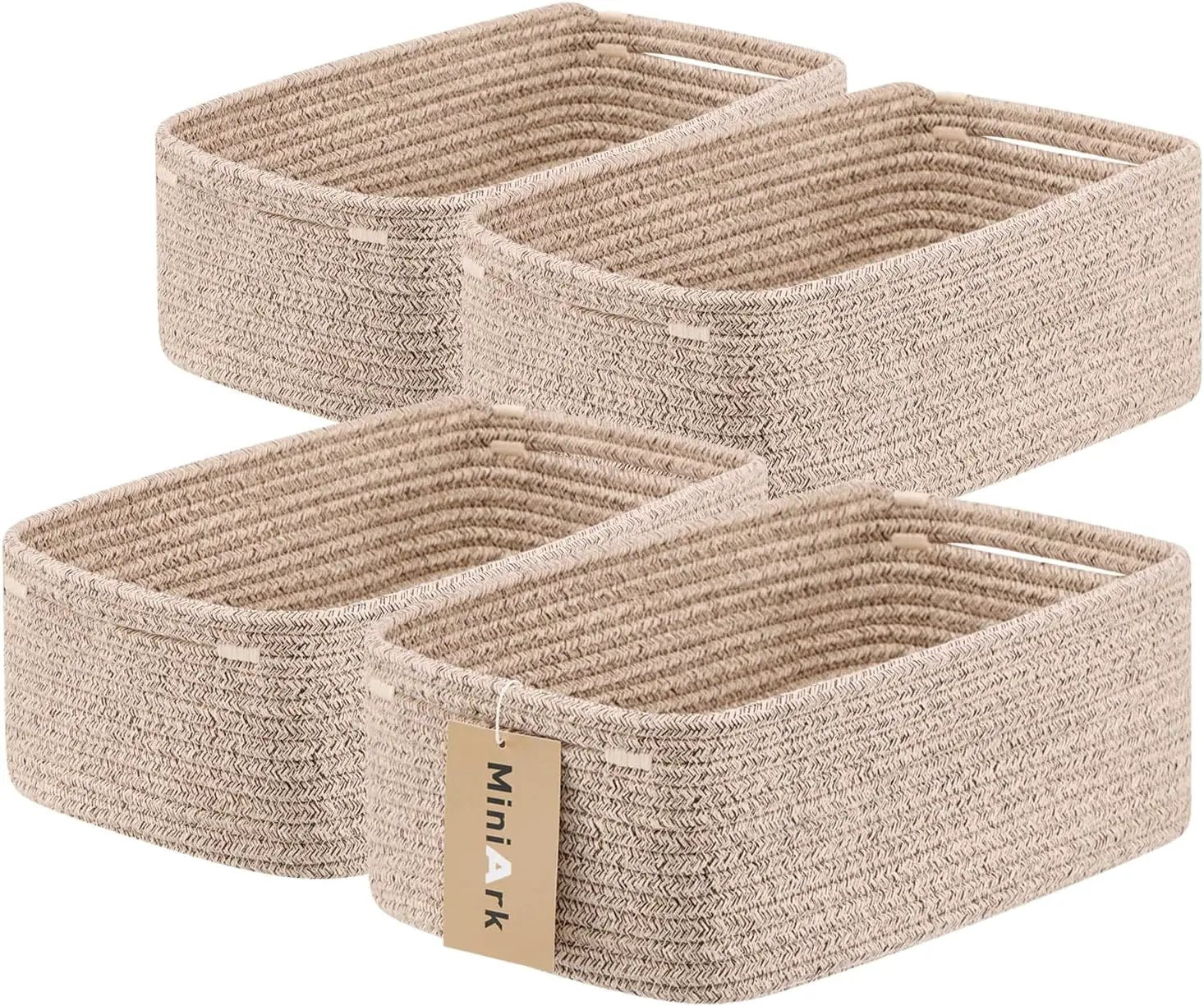 Small Storage Baskets for Organizing | Closet Organizer Bins | Shelf Toy Basket | Woven Rope Baskets | Cube Decorative Box | Shallow Basket | 13x8.5x5.1” | 4 Packs Mixed Brown by GreenHaven Gardens