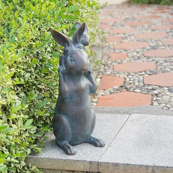 Rabbit Garden Statues Bunny Decorations - Easter Bunny Father with Baby Figurine Easter Gift Dark Gray Garden Spring Bunny Sulpture for Yard Framhouse Outdoor Décor 7*5.25*15.25 in Newman House Studio by GreenHaven Gardens