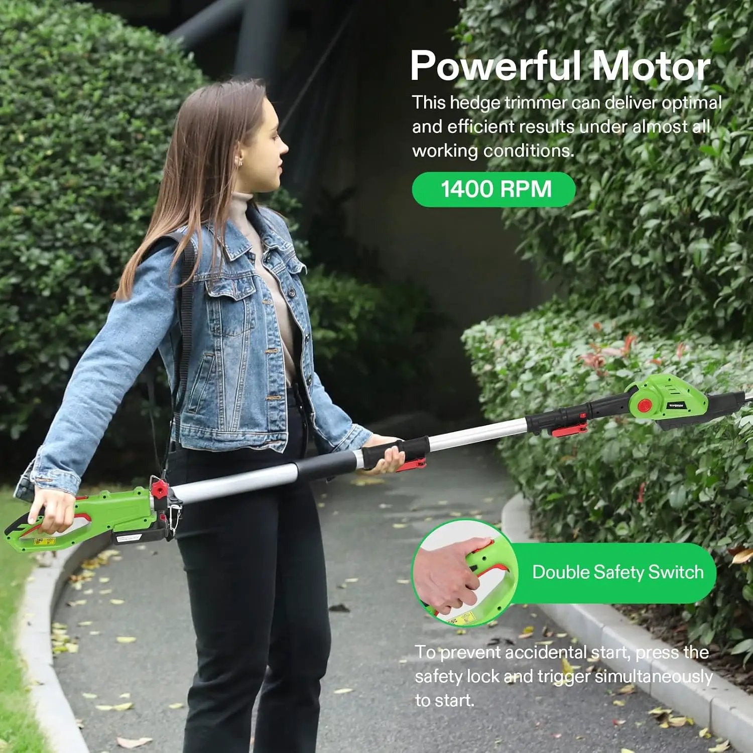 VIVOSUN 20" Cordless Pole Hedge Trimmer, 20V Electric Bush Trimmer with 20” Dual-Action Laser Blade, Adjustable Cutting Head, 0.55" Cutting Capacity, 2.0AH Battery and Fast Charger Included by GreenHaven Gardens