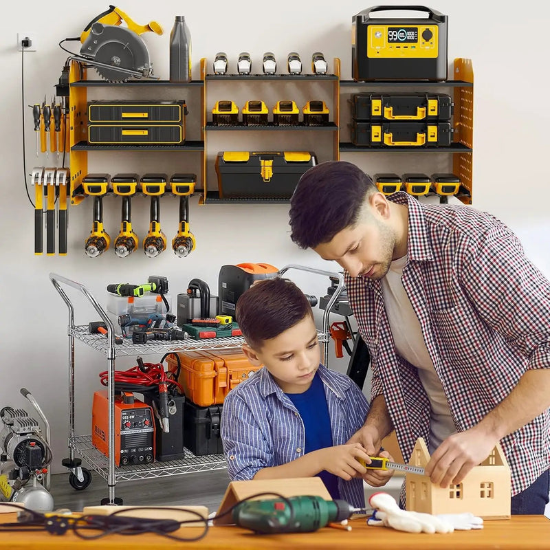 Power Tool Organizer with Charging Station Wall Mount, 3 Layer Expanded Heavy Duty Garage Organization, 45.5 Inch Length Garage Tool Storage, 8 Drills, 2 Assemble Method, Yellow by GreenHaven Gardens