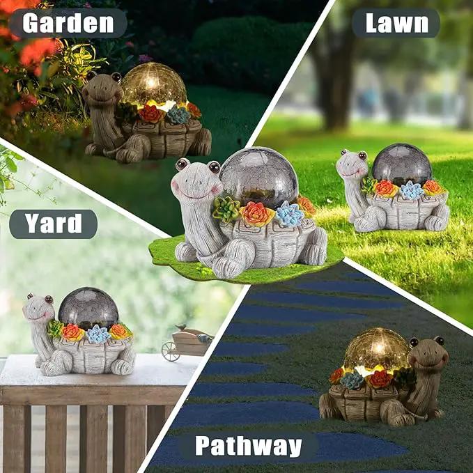 Solar Turtle Garden Statue Lights for Outdoor Decor with Cracked Glass LED Figurine Lighting Resin Succulent Tortoise Decorations Patio Lawn Yard Housewarming Mom Gifts (Grey, Large) by GreenHaven Gardens