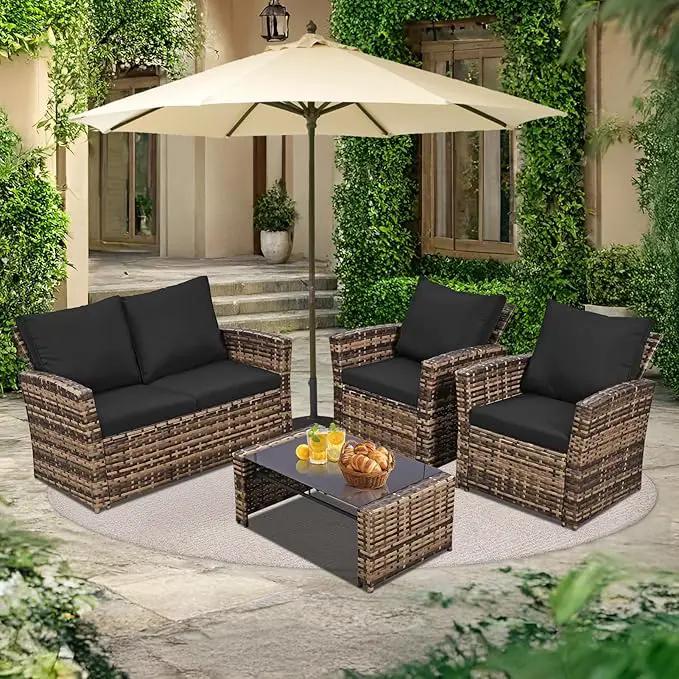 4 Piece Outdoor Patio Furniture Set,Wicker Conversation Sets Outdoor Sectional Patio Sofa Couch with Cushions & Coffee Table for Outside, Garden, Balcony, Porch,Yellow/Black by GreenHaven Gardens