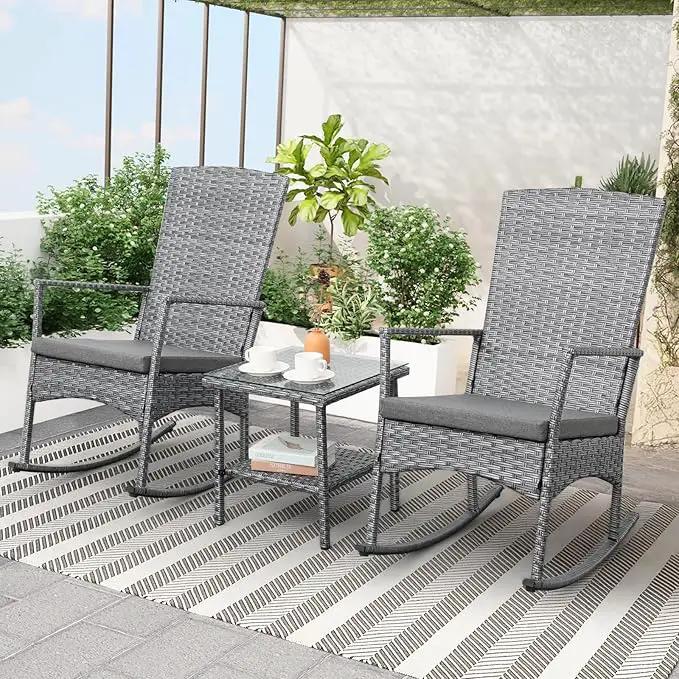 Outdoor Rocking Chair 3 Pieces High-Backed Rocking Chair Patio Rocking Chairs Outdoor Table and Chairs Anti-Slip Cushions Dark Grey by GreenHaven Gardens