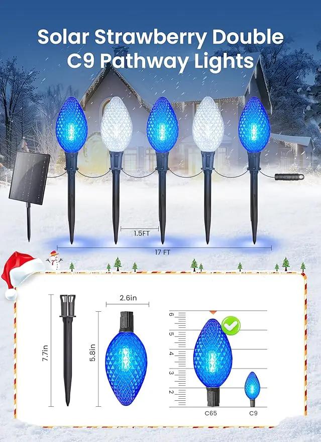Minetom Solar Double C9 Strawberry Pathway Lights - 16FT 10 LED C9 Christmas Lights with Timer, 8 Modes, Solar Christmas Outdoor Decorations for Lawn Outside Walkway, Blue White by GreenHaven Gardens