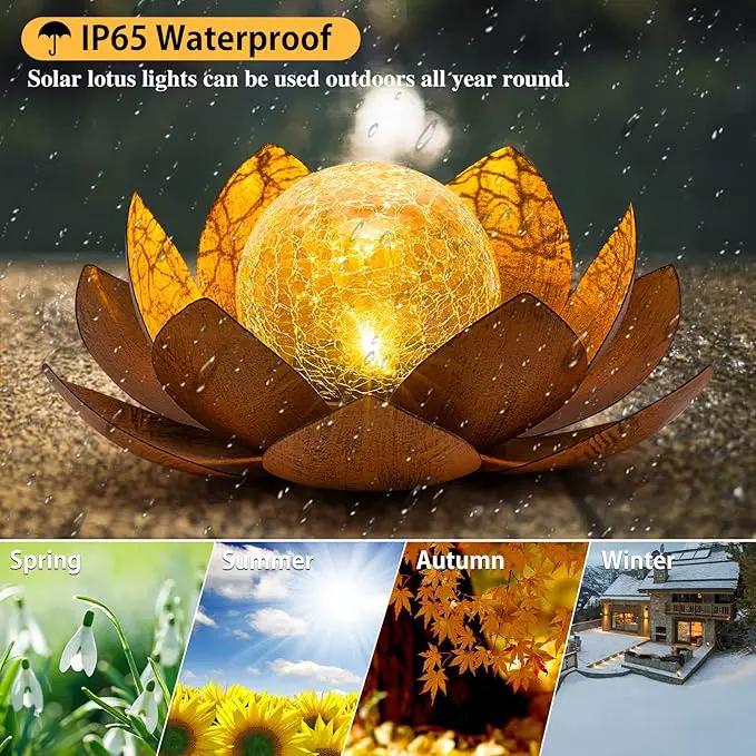 Solar Light Outdoor(2Pack), Art Crackle Globe Glass Lotus Decoration, Solar LED Waterproof Metal Flower Lights for Patio,Lawn,Walkway,Tabletop by GreenHaven Gardens