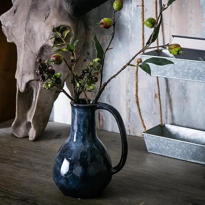 Blue Ceramic Vase with Big Handles, Modern Farmhouse Decor, Rustic Pottery for Flowers, Decorative Terracotta Centerpiece for Dining Table by GreenHaven Gardens