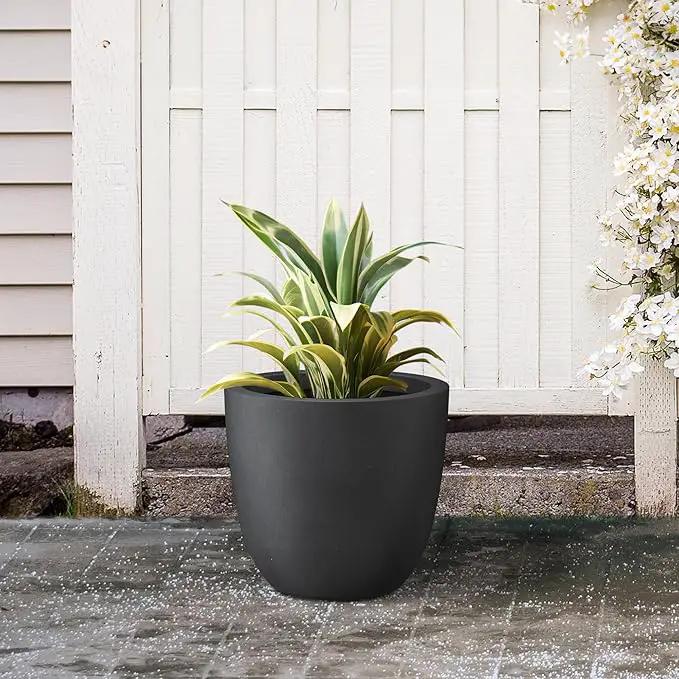 Kante 14 Inch Dia Round Concrete Planter, Indoor Outdoor Large Plant Pot with Drainage Hole and Rubber Plug for Home Patio Garden, Black by GreenHaven Gardens