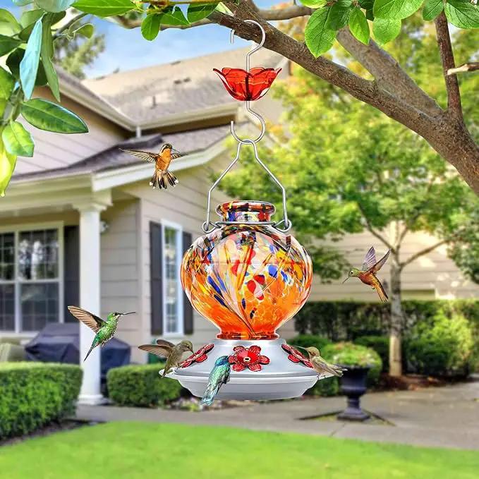BOLITE Hummingbird Feeder, Hand Blown Glass Hummingbird Feeders for Outdoors Hanging, with Ant Moat and 5 Feeding Ports, 22 Ounces, Peony Flower Shape, Orange, Gifts for Women Men, Gifts for Mom Dad by GreenHaven Gardens