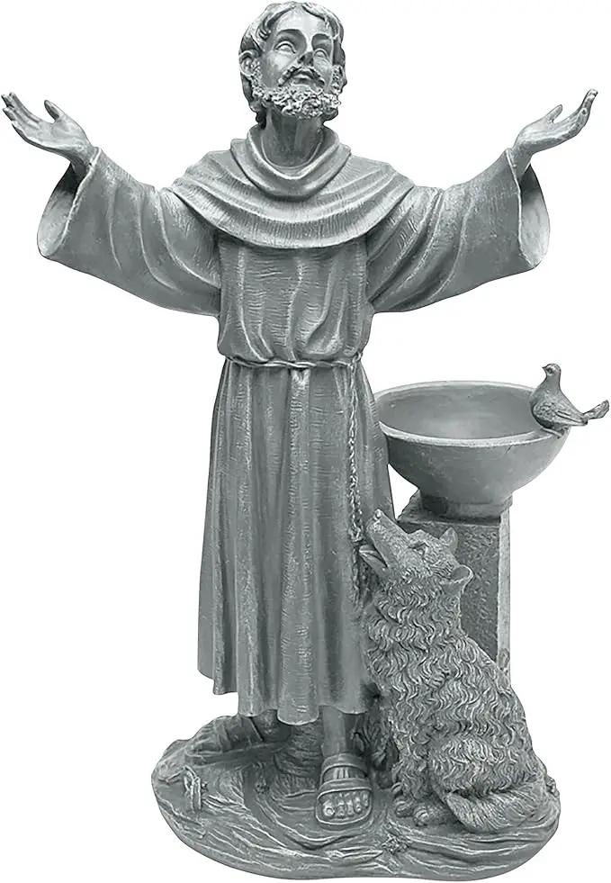 Design Toscano Francis of Assisi Blessing Religious Garden Decor Statue with Bird Bath Feeder, 19 inches Tall, Cast Stone Resin, Gray Stone Finish by GreenHaven Gardens