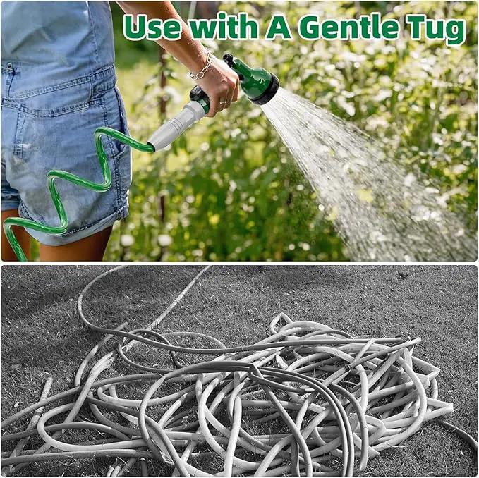 3/8" Lightweight Coil Garden Hose 100FT, EVA Flexible Curly Water Pipes with 6-Pattern Spray Nozzle for Boat, Greenhouse, Yard, Patio, Green by GreenHaven Gardens