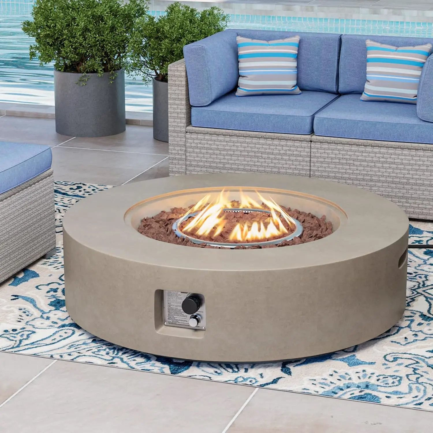 COSIEST 42 inch Outdoor Propane Fire Pit Coffee Table w Concrete Round Base Patio Heater, 50,000 BTU Stainless Steel Burner, Free Lava Rocks, Rain Cover(Gray) by GreenHaven Gardens
