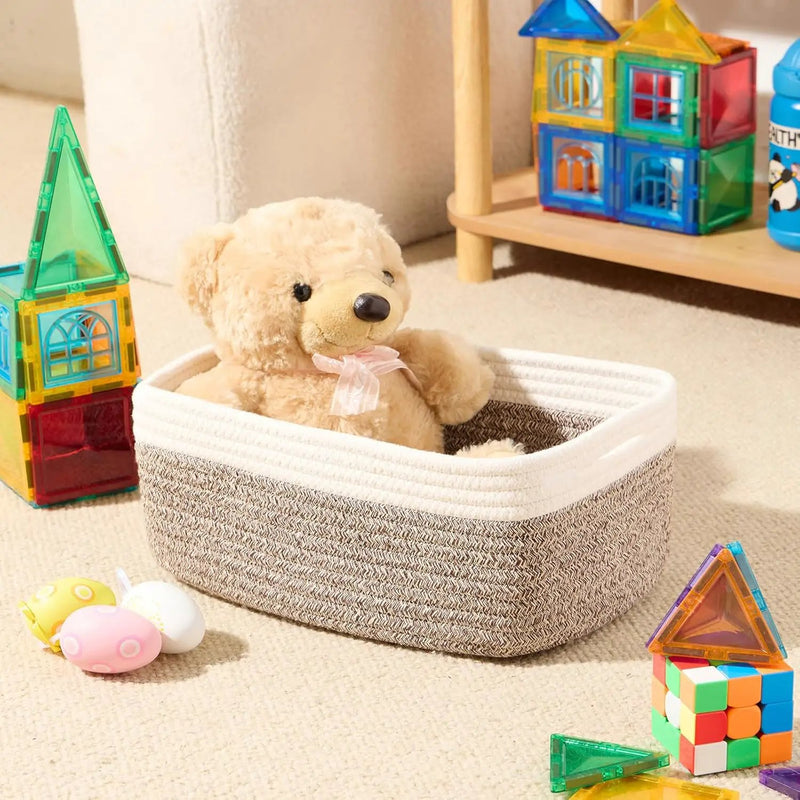 Small Storage Baskets for Organizing | Closet Organizer Bins | Shelf Toy Basket | Woven Rope Baskets | Cube Decorative Box | Shallow Basket | 13x8.5x5.1” | 3 Packs White Brown by GreenHaven Gardens