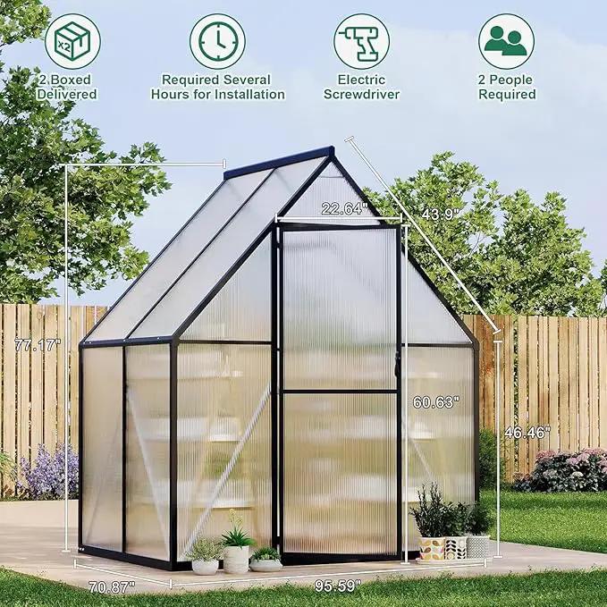 Greenhouse 6x4 FT Aluminum-Framed Heavy Duty Polycarbonate with Quick Setup Structure and Roof Vent Large Enhanced Outdoors Green House Kit by GreenHaven Gardens