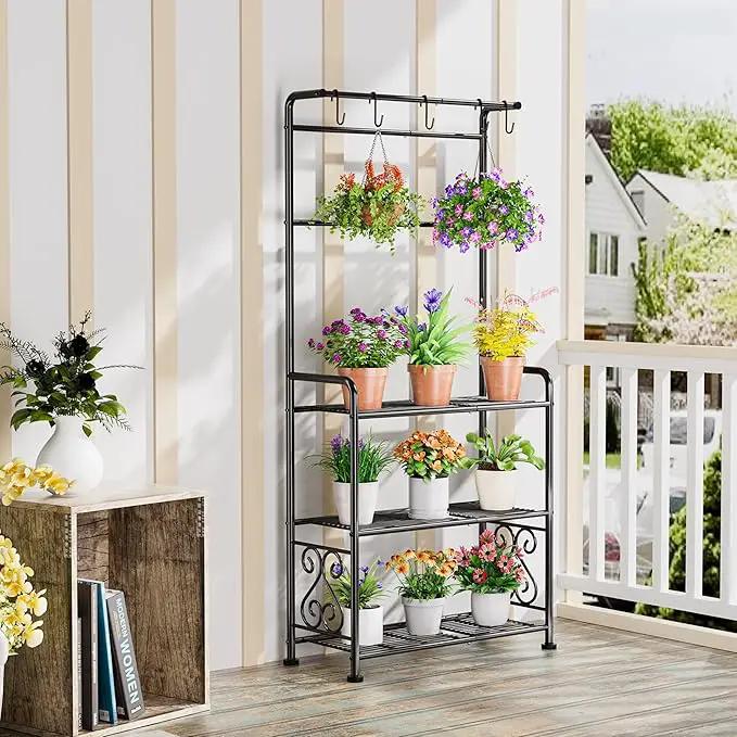 Plant Stand Indoor Outdoor Heavy Duty Metal - 56.4" Tall 3-Tier Shelf for Multiple Plants, Flowers, Rustproof Black Storage Rack for Patio, Balcony, Living Room, Garden, Includes Hooks&Adjustable Feet by GreenHaven Gardens