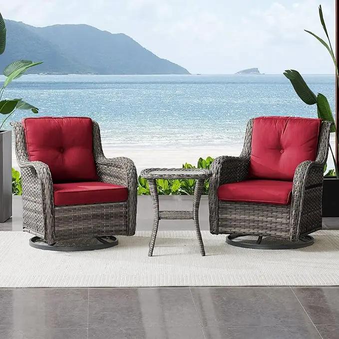 Outdoor Swivel Rocker Wicker Chairs Set of 3, High Back Swivel Patio Chairs Wicker Furniture Set, 2 PCS Rattan Swivel Rocking Chair with Side Table, Red Cushion by GreenHaven Gardens