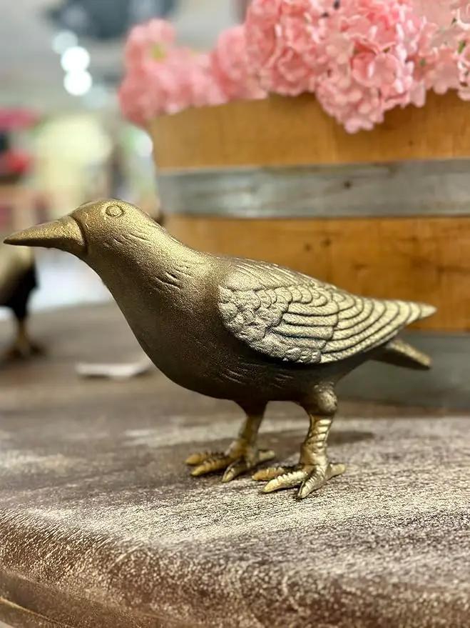 NACH Crow Decor, 4.5 x 11 x 3.5 inch, Cast Iron Antique Gold Raven Statue, Raven Decor for Outside - Head Up Crow Statue by GreenHaven Gardens