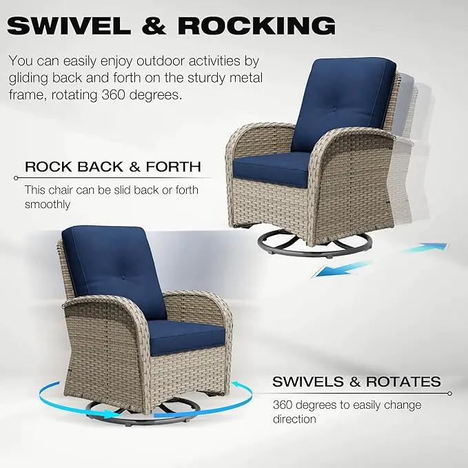 Joyside Outdoor Swivel Rocker Chairs, 3 Piece Wicker Patio Set with Thick Cushion and Side Table, Rattan Patio Swivel Rocking Chairs for Porch, Deck Use (Natural/Blue, 3 PCS) by GreenHaven Gardens