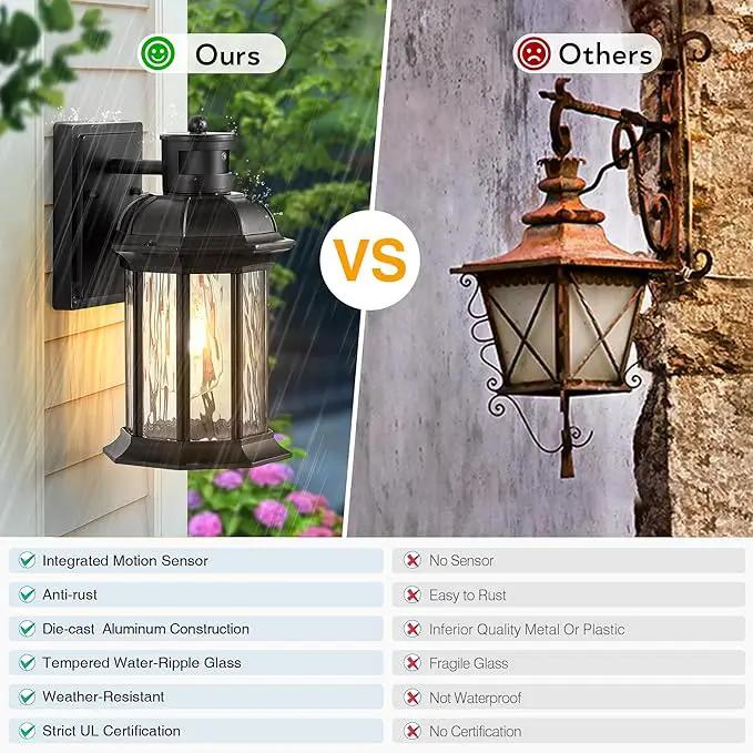 VIANIS Dusk to Dawn Motion Sensor Outdoor Porch Lights, Modern Black Exterior Porch Light Fixtures Wall Mount, Anti-Rust Aluminum Waterproof Wall Lantern With Tempered Ripple Glass For Garage Entryway by GreenHaven Gardens