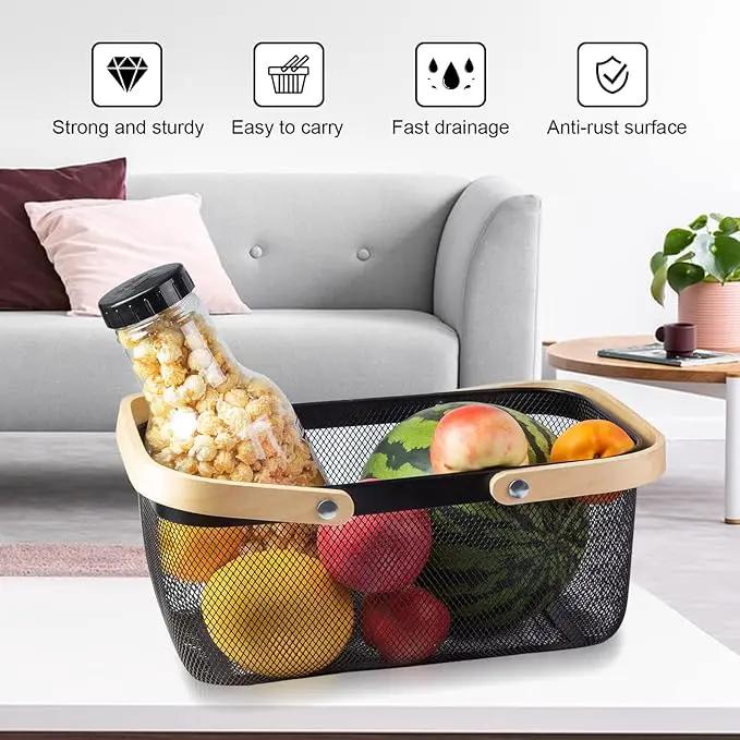 Portable Garden Harvest Basket-Mesh Design Natural Bamboo Handle Wire Storage Baskets,Mesh Basket with Handle Organize Items Reduce Space Occupation,Suitable for Kitchen,Garden,Picnic(Black) by GreenHaven Gardens