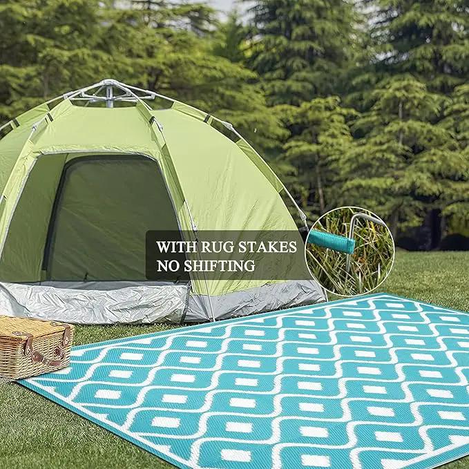 Pauwer Waterproof Outdoor Rug 6x9, Reversible Plastic Straw Patio Camping Rug, Indoor Outdoor RV Mat Carpet for Deck, Camper, Porch, Balcony, Backyard, Picnic, Geometric Teal by GreenHaven Gardens