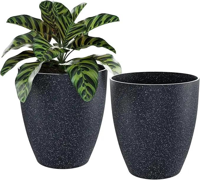 QCQHDU Plant Pots Set of 2 Pack,10 Inch Plant Pot for Indoor and Outdoor Plants with Drainage Hole,Flower Pots Modern Decorative Planter for Garden Plants (Black) by GreenHaven Gardens