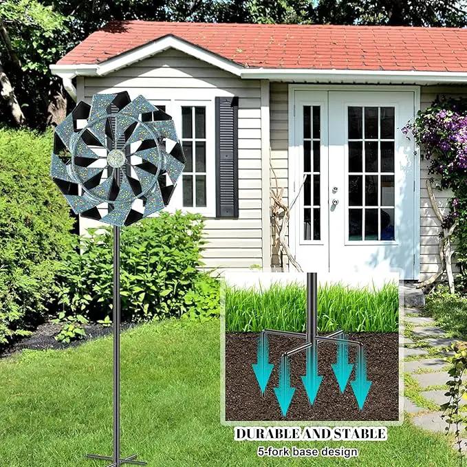 59 inch Outdoor Kinetic Wind Spinner, Double Blade Wind Sculpture with 5 Prong Base, Geometric Metal Windmill for Garden, Lawn & Patio Decoration (Blue Gold) by GreenHaven Gardens