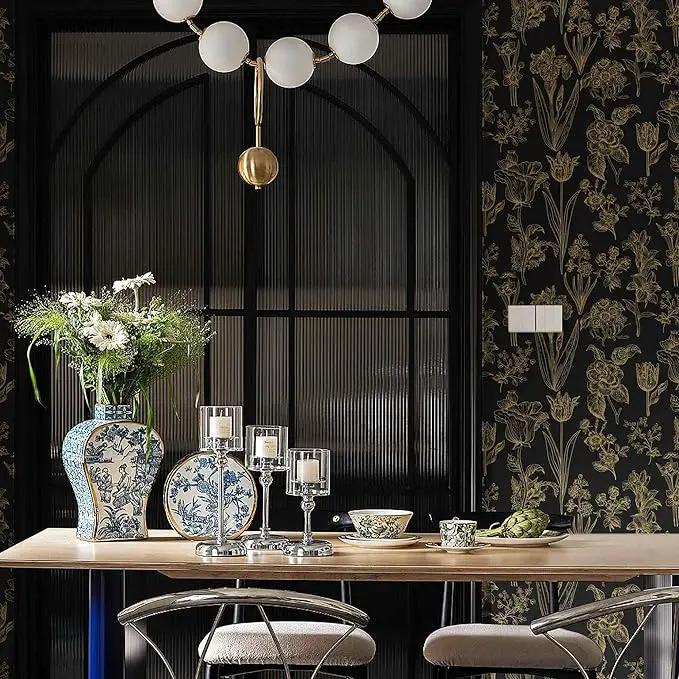 Dimoon 393"x17.3" Floral Wallpaper Peel and Stick Flowers Golden Black Contact Paper Thicken Waterproof Modern Self Adhesive Plants Wallpaper Removable Wall Paper Shelf Vinyl Roll by GreenHaven Gardens