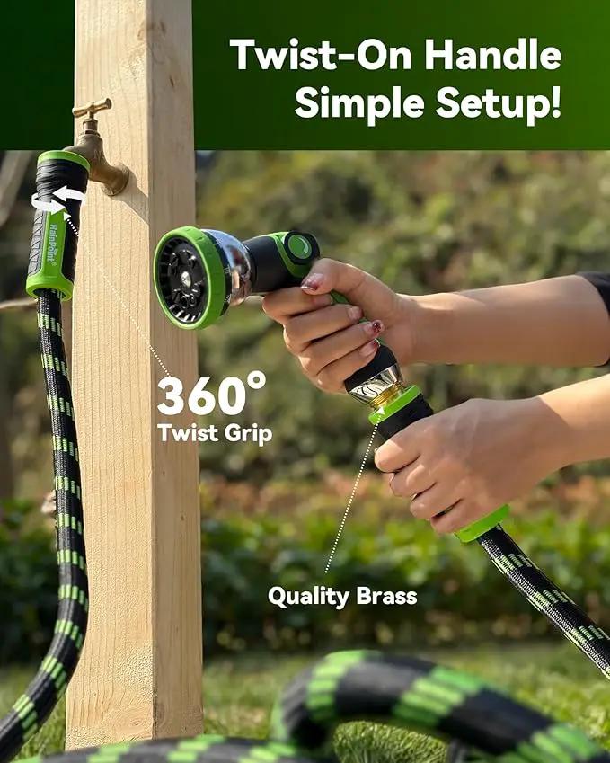 RAINPOINT Metal Garden Hoses for Yard 100 ft - No-kink 304 Water Hose 100ft with 10 mode Nozzle - Brass Connection, Swivel Handle, Flexible Hose,Lightweight, Puncture by GreenHaven Gardens