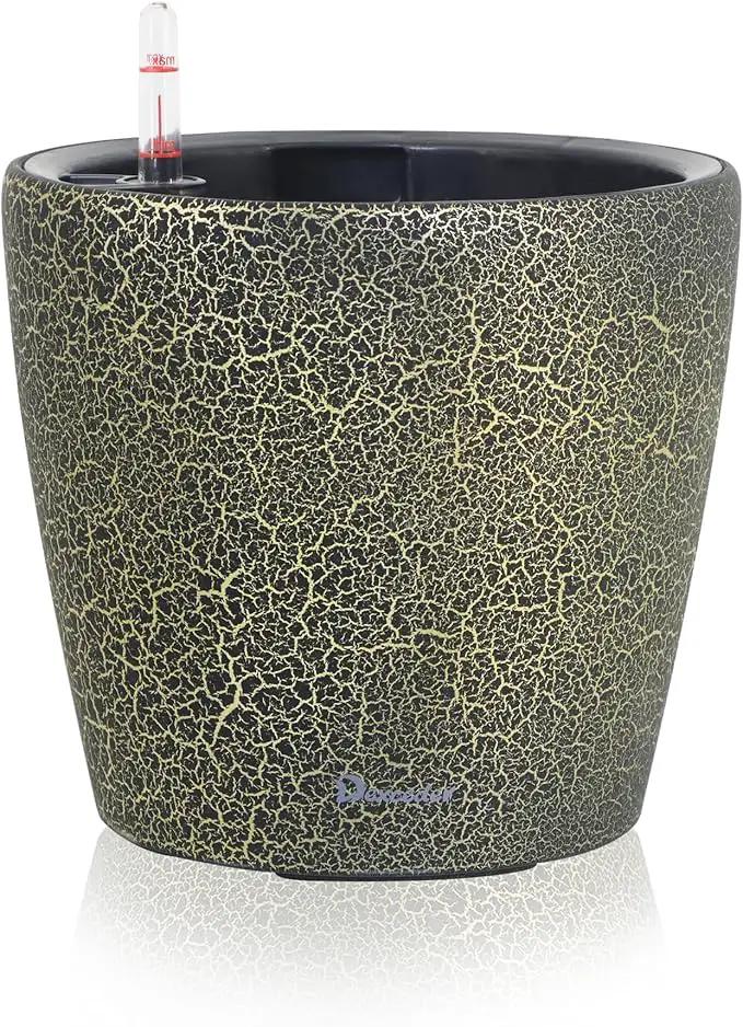 Dexceder 9x8 Inches Self Watering Planter Indoor Outdoor, Inner Pot Design, Thickened Table Flower Plant Pot with Water Level Indicator (Black Gold Crackle) by GreenHaven Gardens