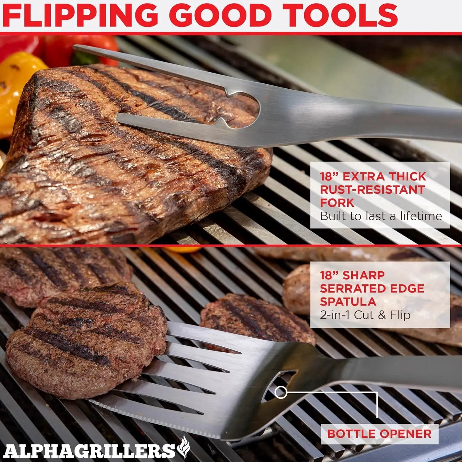 Alpha Grillers Grilling Accessories - BBQ Accessories Grill Gifts for Men Dad Him Husband Son Boyfriend Birthday - Barbecue Grilling Tools Utensils Set with Spatula, Fork, Brush, Tongs Kit by GreenHaven Gardens