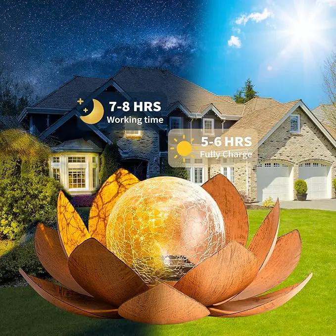 Solar Light Outdoor(2Pack), Art Crackle Globe Glass Lotus Decoration, Solar LED Waterproof Metal Flower Lights for Patio,Lawn,Walkway,Tabletop by GreenHaven Gardens