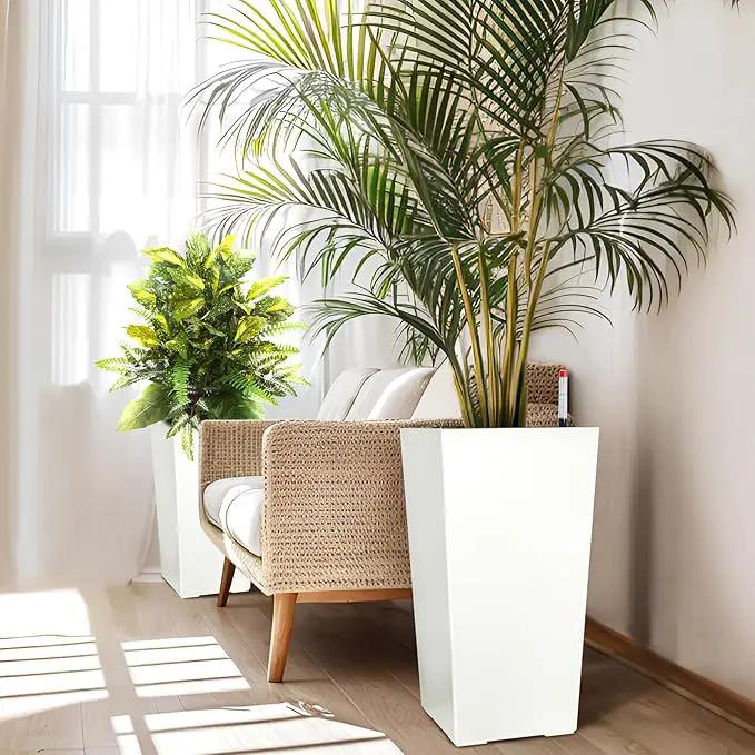 22.5" Tall Planters Set of 2, Outdoor＆Indoor Black Planter Pots, High Front Porch Planter Pots with Drainage Holes＆Water Level Monitor＆Inner Bucket, Automatic Watering, White by GreenHaven Gardens