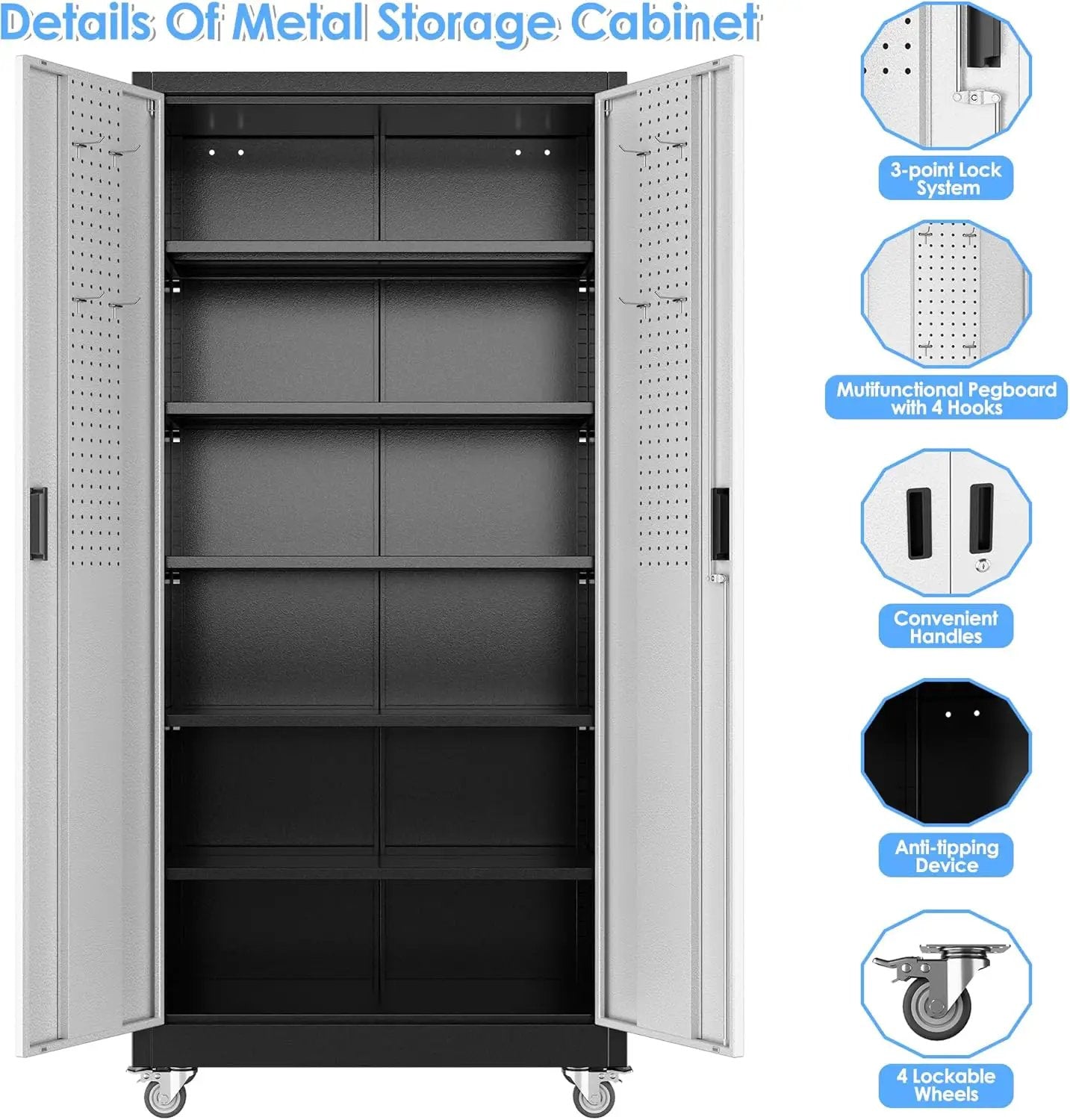 71"H×32"W×16"D Garage Storage Cabinet with Wheels & Pegboard, Locking Metal Storage Cabinet with Doors and 5 Adjustable Shelves & & 4 Hooks for Garage Warehouse Home Office, Black and Silvery by GreenHaven Gardens