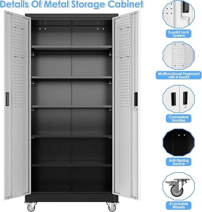 Metal Garage Storage Cabinet with Wheels & Pegboard, Lockable Metal Storage Cabinets with 2 Doors&5 Adjustable Shelves for Garage&Home,Assembly Required,Black Gray 71''H x32''W x16''D by GreenHaven Gardens