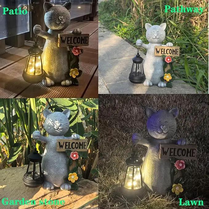 Solar Cat Statue with Solar Lantern-Outdoor Garden Décor, LED Lighted Kitty Figurine for Patio, Lawn,Yard-Valentine's Day, Birthday Gifts for Mom,Grandma,Cat Lovers by GreenHaven Gardens