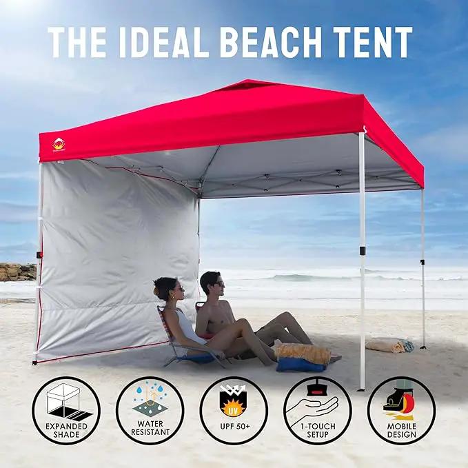 CROWN SHADES 10x10 Pop Up Canopy with 1 Side Wall - Beach Tent with One Push Setup - Outdoor Sun Shade for Events, Parties, Camping - Gazebo with STO-N-Go Cover Bag (Red) by GreenHaven Gardens