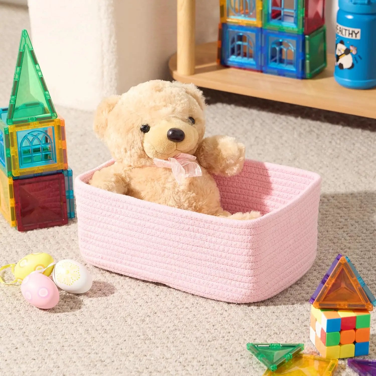 Small Storage Baskets for Organizing | Closet Organizer Bins | Shelf Toy Basket | Woven Rope Baskets | Cube Decorative Box | Shallow Basket | 11.5x7.5x4.7” | 3 Packs Pink by GreenHaven Gardens