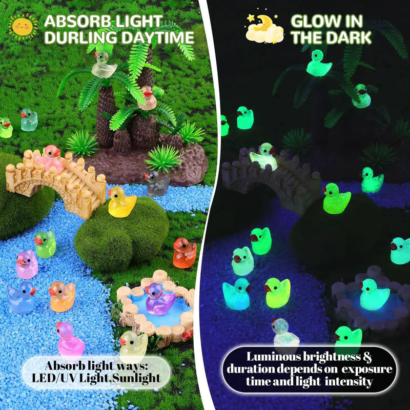 200PCS Mini Resin Animals Cute Tiny Ducks Glow in Dark,Miniature Duck Figures to Hide,Little Animal Toys Small Figurines Bulk for Topper Desk Garden Dollhouse Landscape Ornaments DIY Crafts & Decor by GreenHaven Gardens