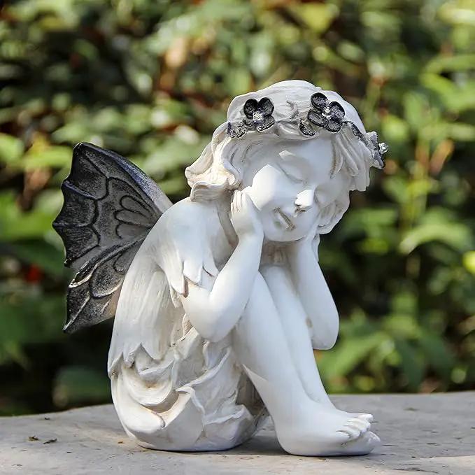 Leekung Ivory White Resin Sculpture, Angel Figurine with Solar Powered Lights for Outdoor Decor, Garden Decorations & Memorial Gifts by GreenHaven Gardens