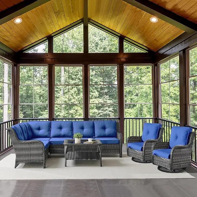 Outdoor Furniture Sectional Sofa L Shaped Couch - Patio Wicker Set with 2 Swivel Glider Chairs, 5 Piece Rattan Patio Conversation Sets with Blue Cushion for Deck Backyard Sunroom by GreenHaven Gardens