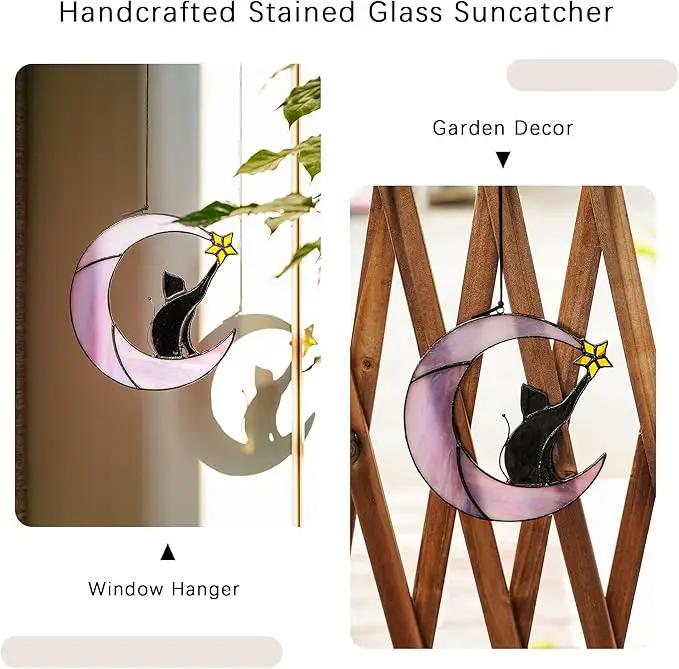 HDCRYSTALGIFTS 6.5'' Black Cat Decor on Purple Moon Stained Glass Window Hanging Suncatcher,Wall Art Glass Window Panel Sun Catcher,Halloween Ornament Decoration Memorial Gift for Lover Cat Loss by GreenHaven Gardens