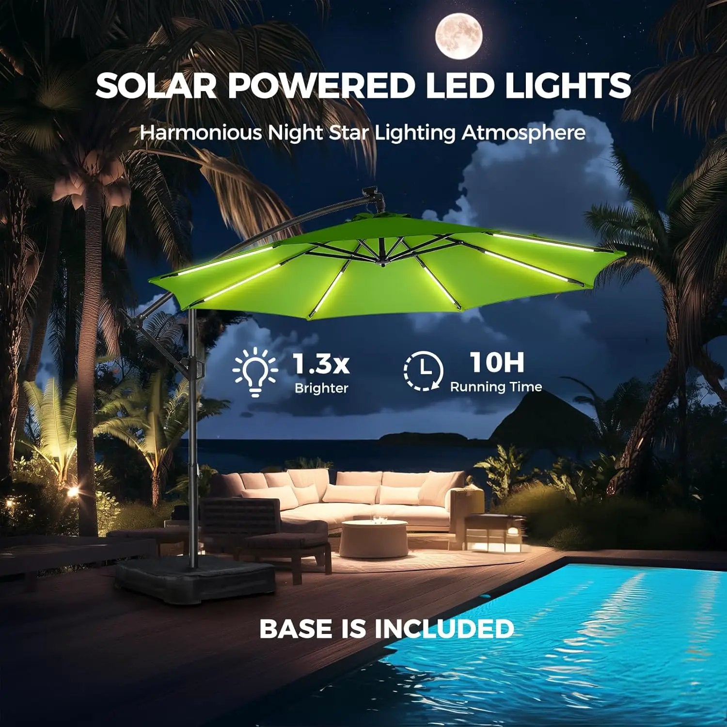 HOMSHADE 10ft Solar Lights Offset Cantilever Patio Umbrella - with Light and Base, LED Lighted Offset Hanging Patio Outdoor Market Umbrella UPF50+ UV Protection with Easy Tilt and Crank (Green) by GreenHaven Gardens