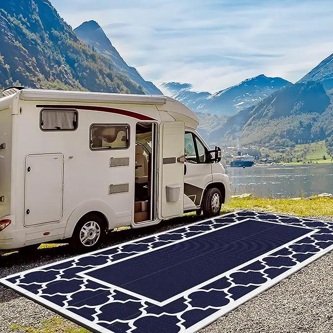 GENIMO 10 ' x 20 ' Outdoor Rug Waterproof for Patio Decor, Foldable Reversible Plastic Straw Area Rugs Mat for Camper, Outside Carpet for Rv, Deck, Porch, Picnic, Beach, Balcony, Blue & White by GreenHaven Gardens