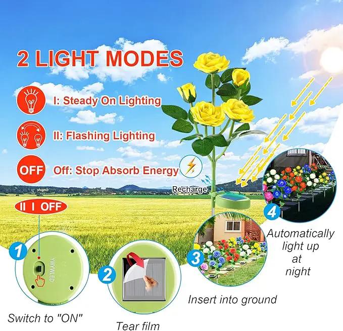 Solar Flower Lights Outdoor - Upgraded New Material Two Modes Realistic LED Solar Powered Waterproof Lights with 5 Roses, Solar Decorative Stake Lights for Garden (Yellow, 1 Pack) by GreenHaven Gardens