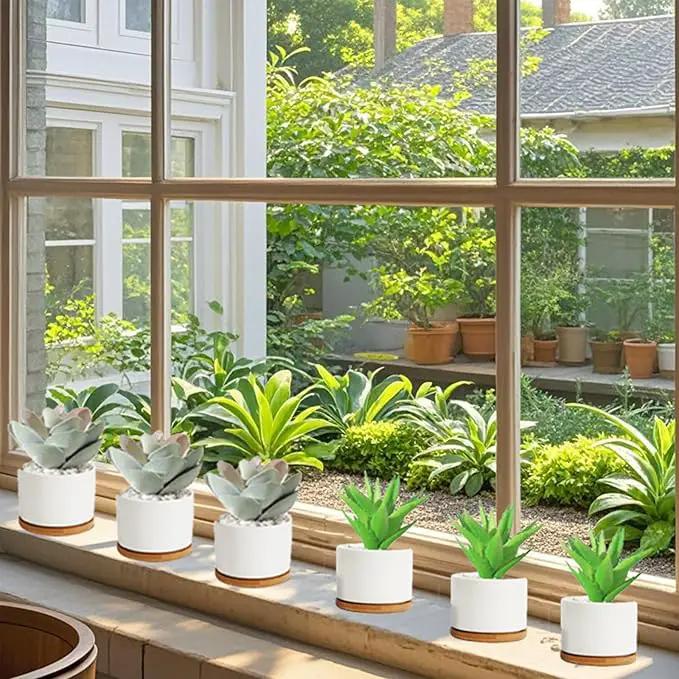 ZOUTOG Succulent Planter, White Mini 3.15 inch Ceramic Flower Planter Pot with Bamboo Tray, Pack of 4 - Plants Not Included by GreenHaven Gardens