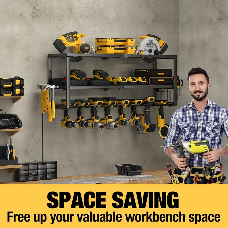 YYR Heavy Duty Power Tool Organizer with Charging Station, Cordless Drill Hanger Storage Rack, Battery Tools Holder Wall Mount Shelf for Garage - 32 Inch Equipped with Surge Protection Power Strip by GreenHaven Gardens