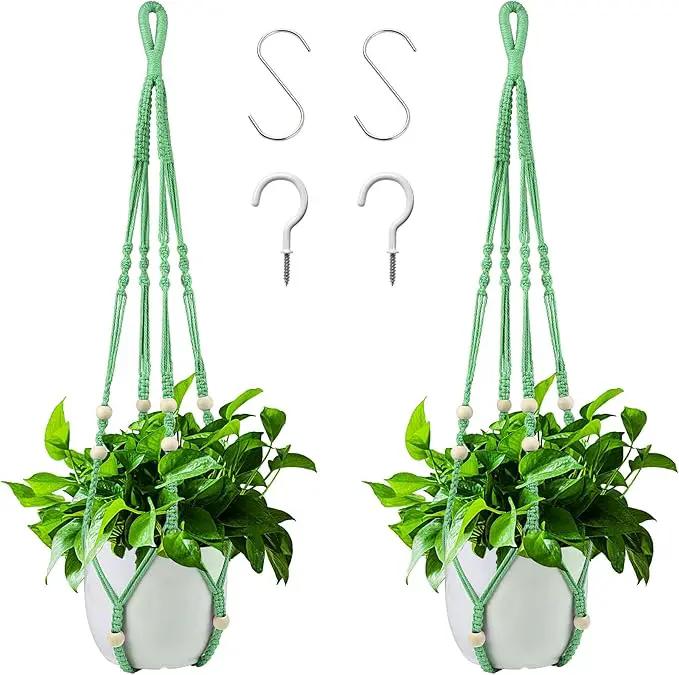 Augshy Macrame Plant Hangers Green Hanging Planters for Indoor Outdoor Home Decor, Hanging Plant Holder No Tassels Set of 2 with 4 Hooks by GreenHaven Gardens