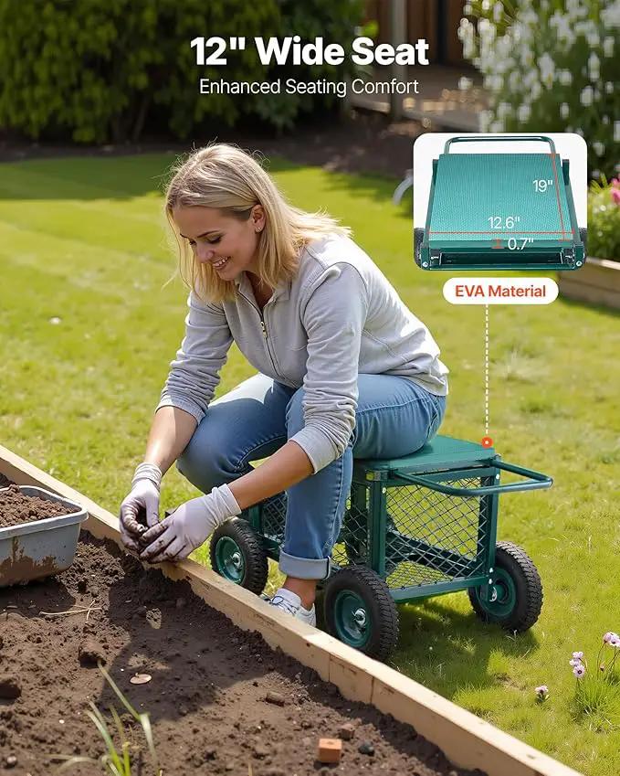 VEVOR Rolling Garden Cart with Seat, Metal Rolling Garden Work Seat with Wheels, Supports up to 400 LBS, Heavy Duty Gardening Cart Scooter, Outdoor Wagon & Stool on Wheels for Lawn, Patio, Backyard by GreenHaven Gardens