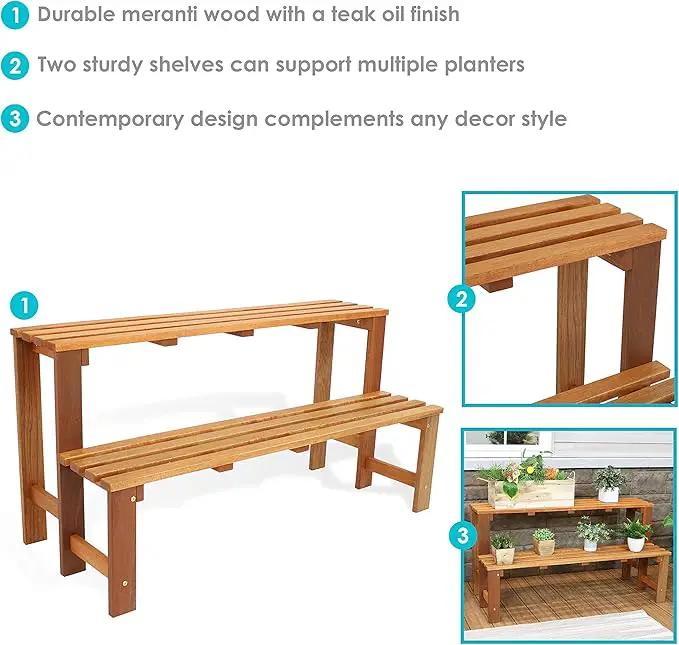 Sunnydaze 2-Tier Meranti Outdoor Wood Plant Stand - Indoor Plant Bench with Teak Oil Finish - 24-Inch by GreenHaven Gardens
